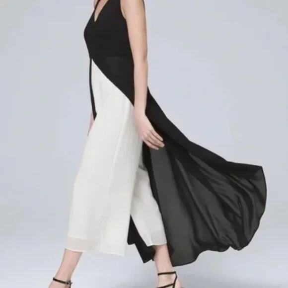 White House Black Market V Neck Jumpsuit Black and White Cocktail Attire Overlay - Picture 4 of 5